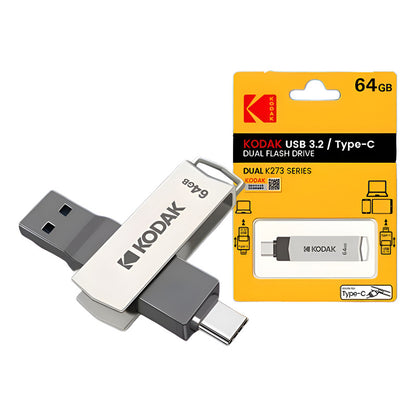 MEMORIA DUAL KODAK 64GB ALTA VELOCIDAD 3.2 OTG TIPO C METAL PLATEADO METALICA