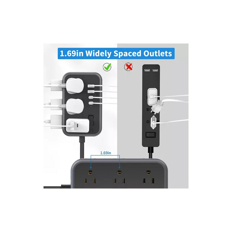 MULTITOMA 6 SALIDAS 2 USB 2 TIPO C NEGRO SWITCH ENCENDIDO NEGRO 110V