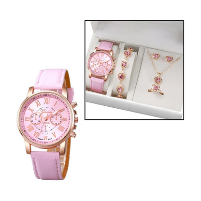 SET 5 PIEZAS RELOJ MUJER LUJO PULSERA ANILLO ARETES COLLAR ROSA ROSA CLARO ROSA