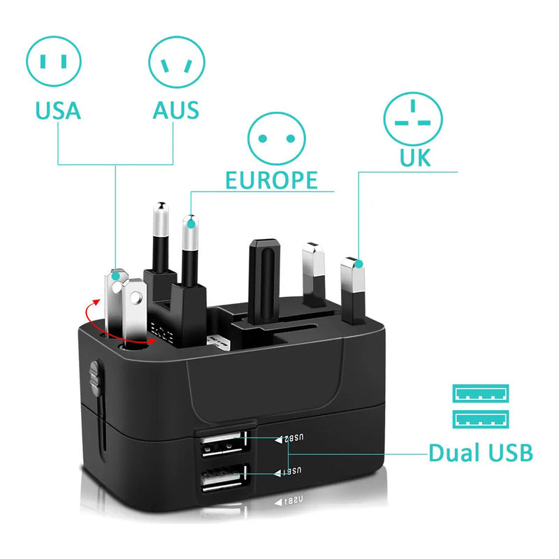 ADAPTADOR CORRIENTE AC VIAJE UNIVERSAL EU US AU UK 2X USB