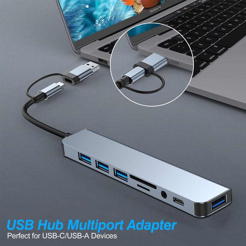 LECTOR TARJETAS HUB 8 EN 1 OTG-C USB 3.0 AUDIO JACK 3.5 5V PLATEADO