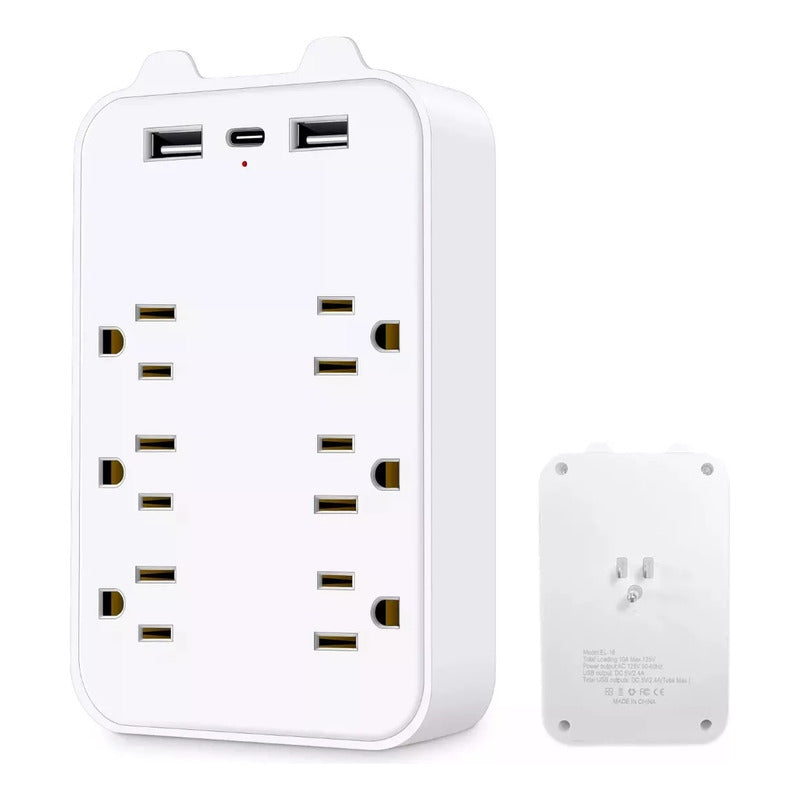 MULTITOMA 8 SALIDAS 4 USB 2 TIPO C NEGRO SWITCH ENCENDIDO BLANCO 110V