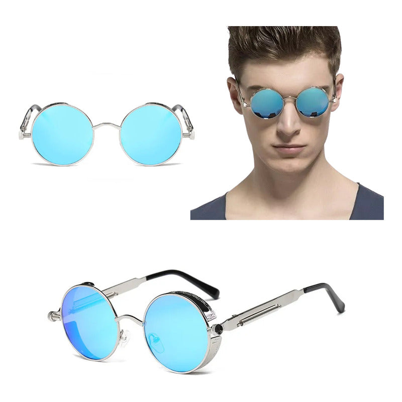 GAFAS SOL POLICARBONATO UV REDONDAS STEAMPUNK FASHION AZUL REDONDO AZUL ACERO PLATEADO PLATEADO