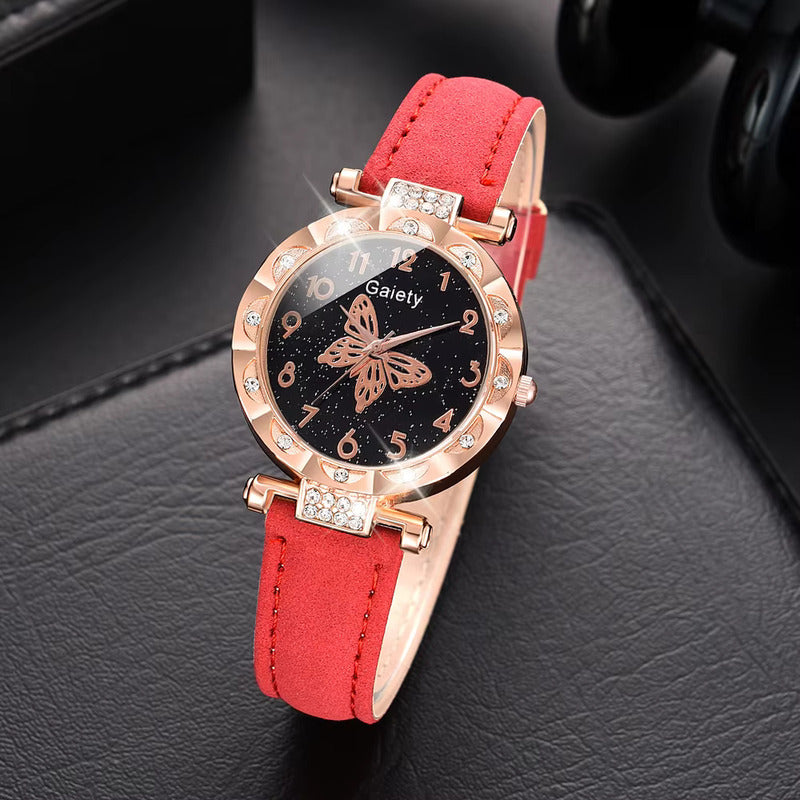 SET 2 PIEZAS RELOJ MUJER LUJO PULSERA MARIPOSA ROSA BLANCO ROSA CHICLE DORADO OSCURO NEGRO