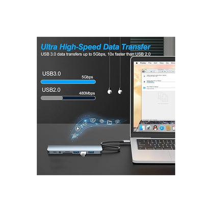 LECTOR TARJETAS HUB 8 EN 1 OTG-C USB 3.0 AUDIO JACK 3.5 5V PLATEADO