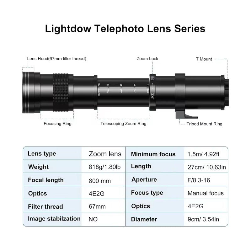 LENTE ZOOM TELEOBJETIVO F8.3 F16 420-800MM T ADAPTADOR EF MONTURA T - ADAPTADOR EF NEGRO