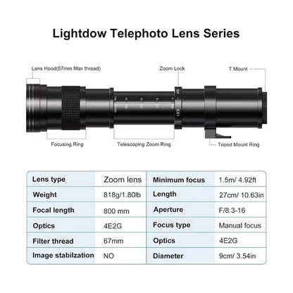 LENTE ZOOM TELEOBJETIVO F8.3 F16 420-800MM T ADAPTADOR EF MONTURA T - ADAPTADOR EF NEGRO