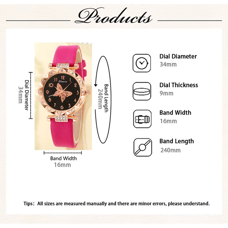 SET 4 PIEZAS RELOJ MUJER LUJO PULSERA ARETES COLLAR MARIPOSA ROSA CHICLE DORADO OSCURO NEGRO