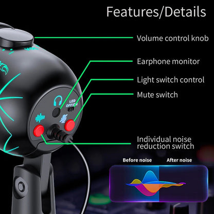 MICROFONO PODCAST USB LUZ LED RGB CARDIOIDE CONDENSADOR PRO NEGRO
