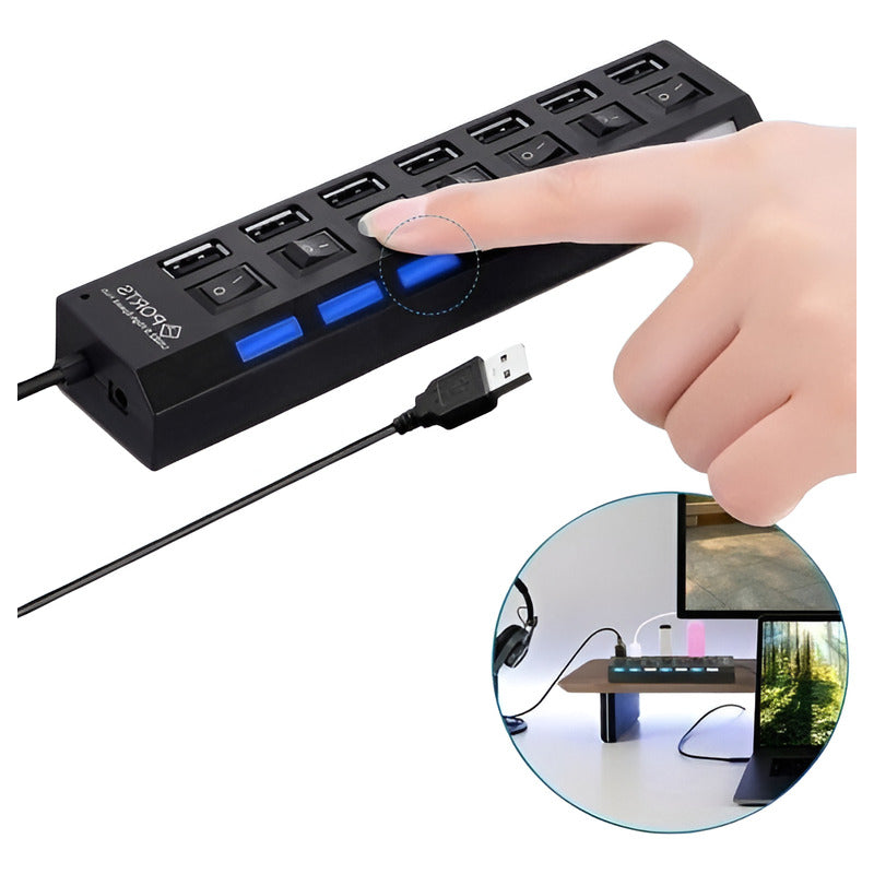 HUB USB 2.0 7 PUERTOS LED INTERRUPTOR INDIVIDUAL NEGRO