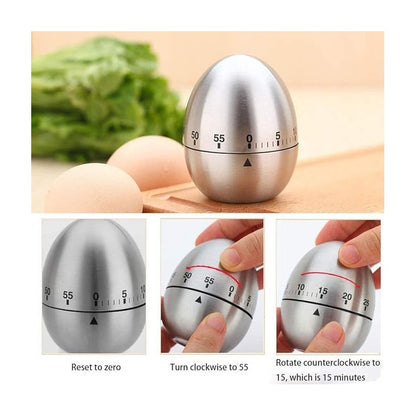 TEMPORIZADOR COCINA DISEÑO HUEVO ACERO INOXIDABLE MECÁNICO PLATEADO TIPO HUEVO