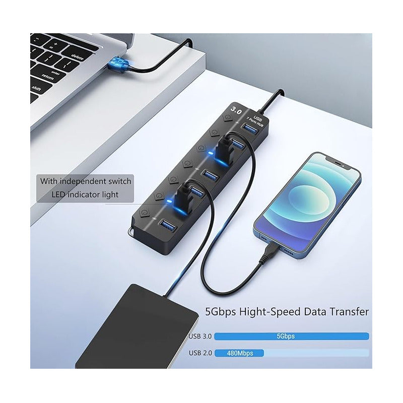 HUB USB 7 PUERTOS 3.0 LUZ LED INTERRUPTOR INDEPENDIENTE NEGRO