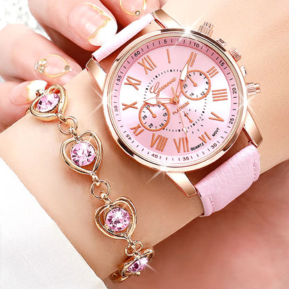SET 5 PIEZAS RELOJ MUJER LUJO PULSERA ANILLO ARETES COLLAR ROSA ROSA CLARO ROSA