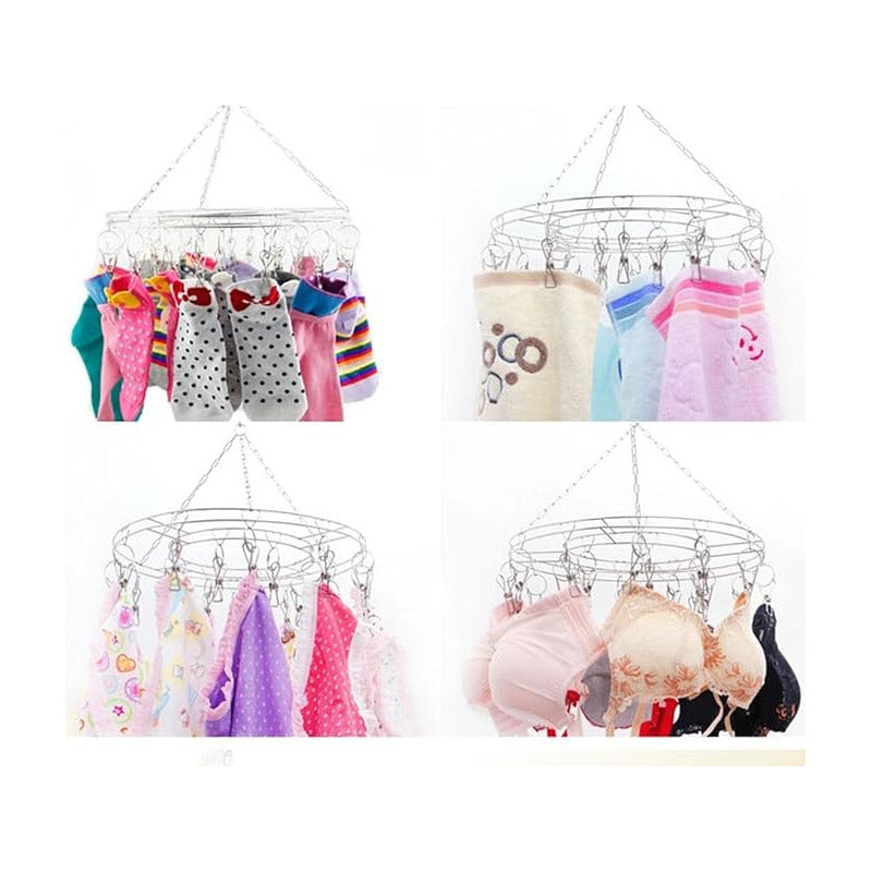 GANCHO ROPA INTERIOR MEDIAS METALICO REDONDO 20 CLIPS FUERTE PLATEADO