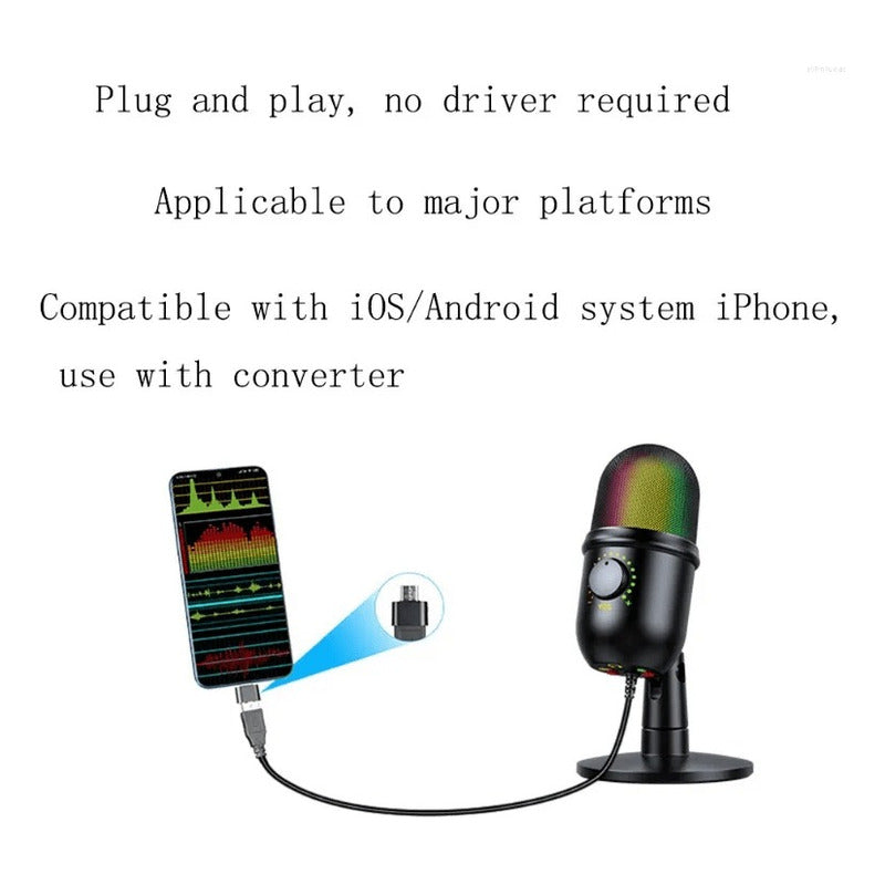 MICROFONO PODCAST USB LUZ LED RGB CARDIOIDE CONDENSADOR PRO NEGRO