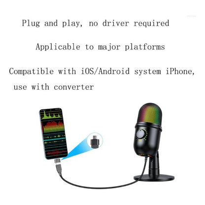 MICROFONO PODCAST USB LUZ LED RGB CARDIOIDE CONDENSADOR PRO NEGRO