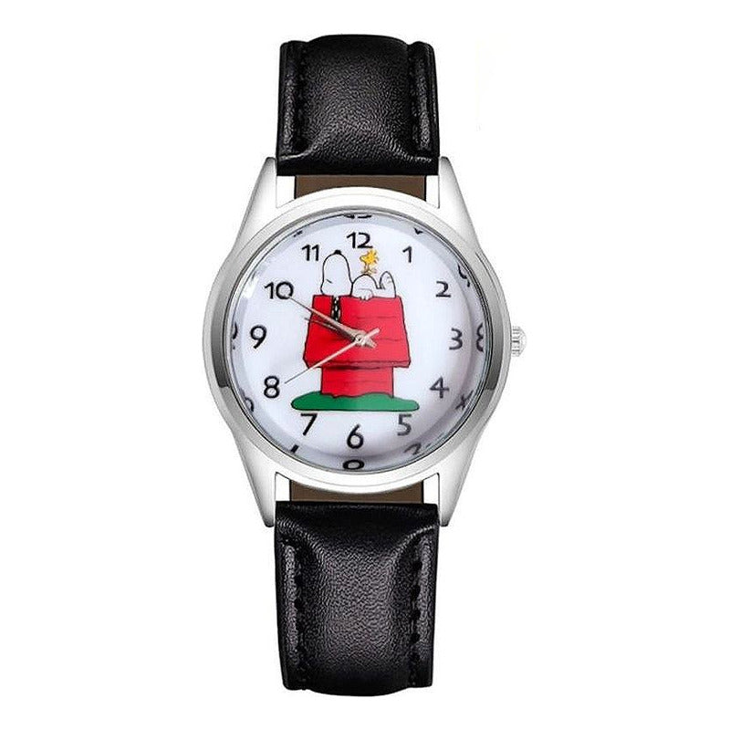 RELOJ SNOOPY CASA LUJO CORREA CUERO MUJER NEGRO CROMADO BLANCO
