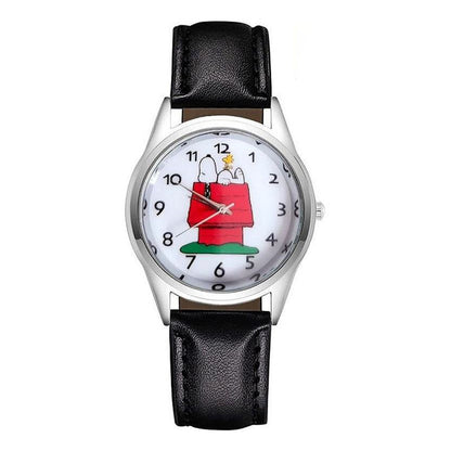 RELOJ SNOOPY CASA LUJO CORREA CUERO MUJER NEGRO CROMADO BLANCO