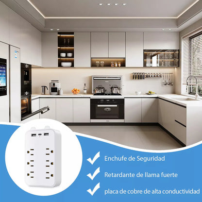 MULTITOMA 8 SALIDAS 4 USB 2 TIPO C NEGRO SWITCH ENCENDIDO BLANCO 110V