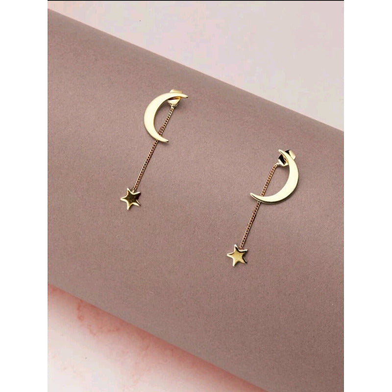 PENDIENTES ARETES STAR MOON CADENA LARGA DORADO OSCURO