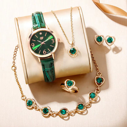 SET 6 PIEZAS RELOJ VERDE ESMERALDA ANILLO PULSERA ARETES VERDE MUSGO DORADO OSCURO VERDE MUSGO