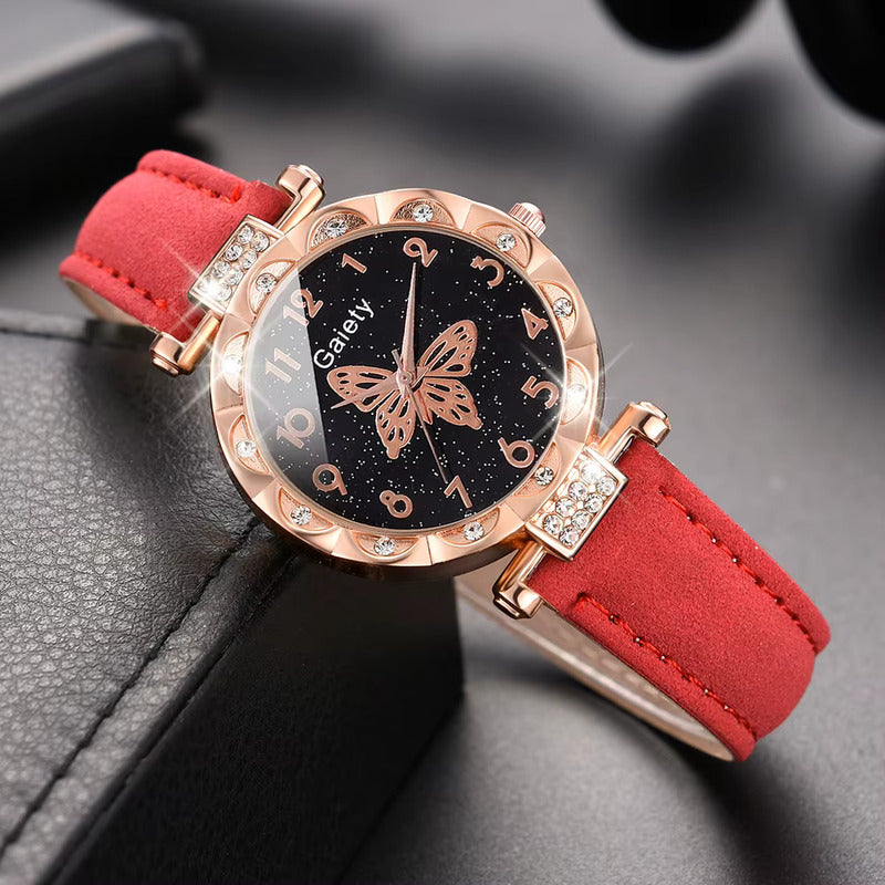 SET 2 PIEZAS RELOJ MUJER LUJO PULSERA MARIPOSA ROSA BLANCO ROSA CHICLE DORADO OSCURO NEGRO