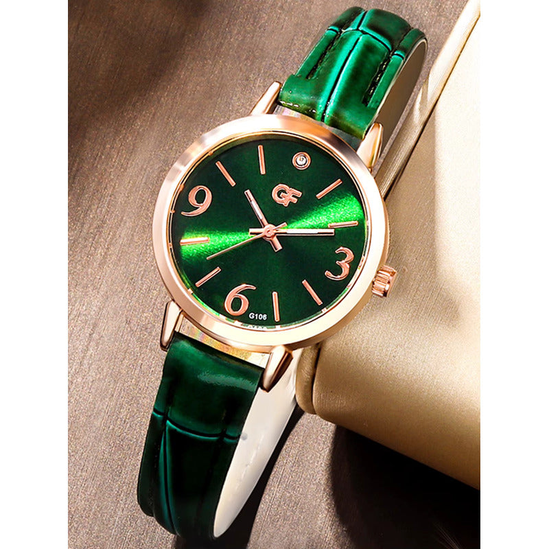 SET 6 PIEZAS RELOJ VERDE ESMERALDA ANILLO PULSERA ARETES VERDE MUSGO DORADO OSCURO VERDE MUSGO