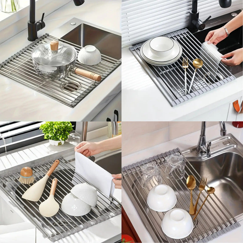 ESCURRIDOR PLATOS PLEGABLE ACERO INOXIDABLE UTENSILIOS COCIN PLATEADO