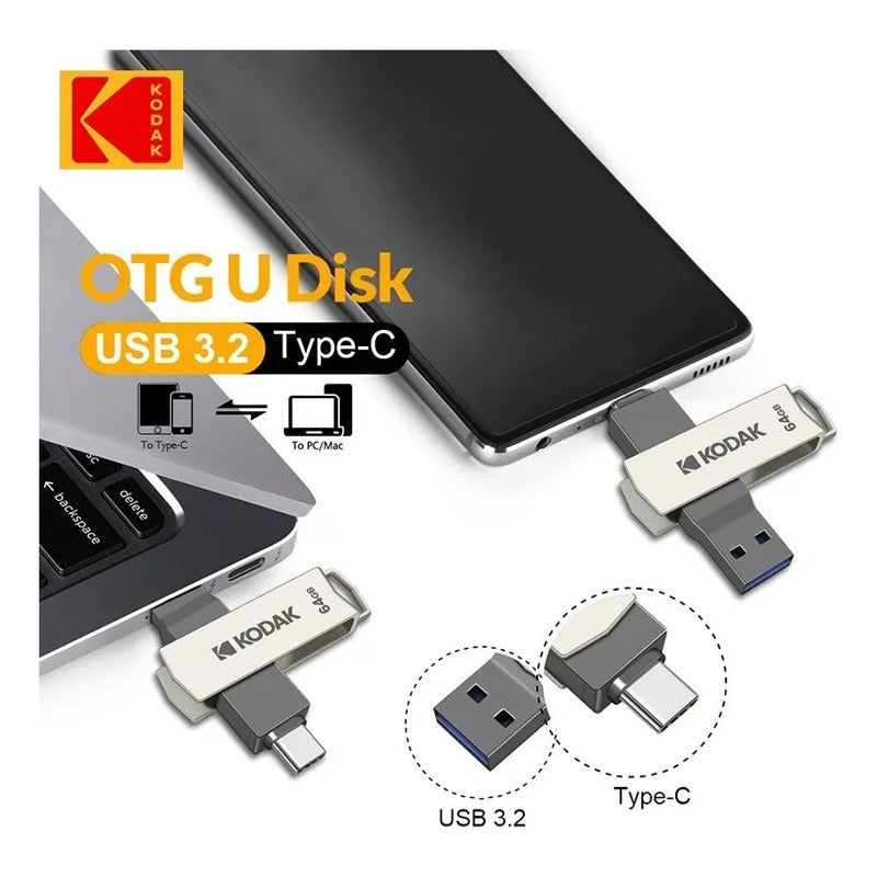 MEMORIA DUAL KODAK 64GB ALTA VELOCIDAD 3.2 OTG TIPO C METAL PLATEADO METALICA