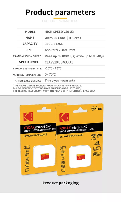 TARJETA MICRO SD 64GB KODAK XC I3 4K C10 V30 A1 ROJA