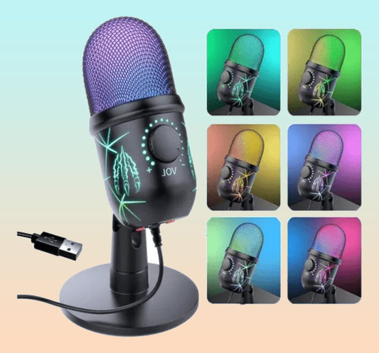 MICROFONO PODCAST USB LUZ LED RGB CARDIOIDE CONDENSADOR PRO NEGRO
