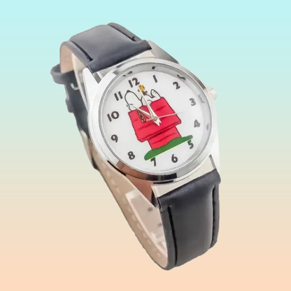 RELOJ SNOOPY CASA LUJO CORREA CUERO MUJER NEGRO CROMADO BLANCO