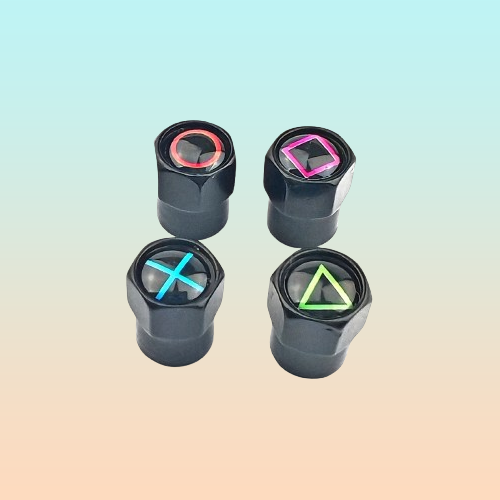 JUEGO TAPA VALVULA LLANTA CARRO MOTO BICI BOTONES XBOX PLAY | VALVE CAP SET FOR CAR, MOTORCYCLE & BIKE TIRES – XBOX / PLAY BUTTONS DESIGN