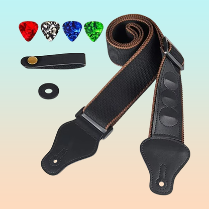 KIT SET CORREA GUITARRA 4 PUAS PICKS NEGRO NEGRO KIT 7 UNIDADES | GUITAR STRAP KIT SET 4 PICKS BLACK BLACK KIT 7 PIECES
