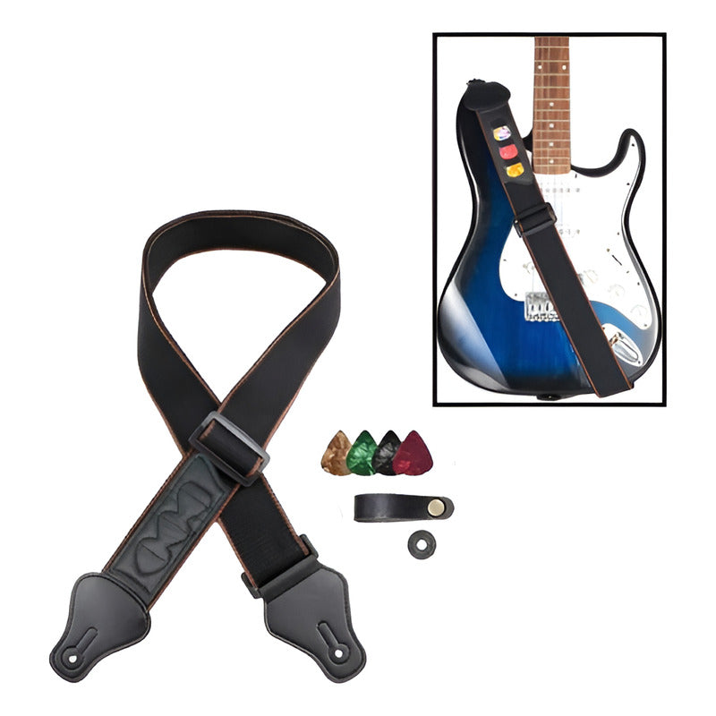 KIT SET CORREA GUITARRA 4 PUAS PICKS NEGRO NEGRO KIT 7 UNIDADES | GUITAR STRAP KIT SET 4 PICKS BLACK BLACK KIT 7 PIECES
