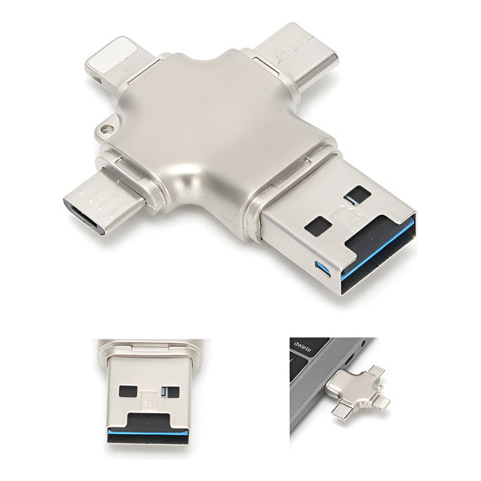 LECTOR TARJETAS MICRO SD 4 EN 1 USB OTG TIPO C LIGHTNING PLATEADO | 4-IN-1 MICRO SD CARD READER USB OTG TYPE C LIGHTNING SILVER
