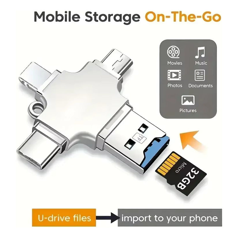 LECTOR TARJETAS MICRO SD 4 EN 1 USB OTG TIPO C LIGHTNING PLATEADO | 4-IN-1 MICRO SD CARD READER USB OTG TYPE C LIGHTNING SILVER
