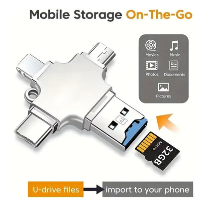 LECTOR TARJETAS MICRO SD 4 EN 1 USB OTG TIPO C LIGHTNING PLATEADO | 4-IN-1 MICRO SD CARD READER USB OTG TYPE C LIGHTNING SILVER
