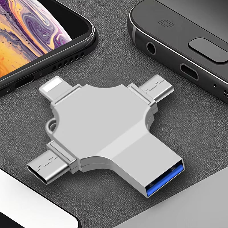 LECTOR TARJETAS MICRO SD 4 EN 1 USB OTG TIPO C LIGHTNING PLATEADO | 4-IN-1 MICRO SD CARD READER USB OTG TYPE C LIGHTNING SILVER
