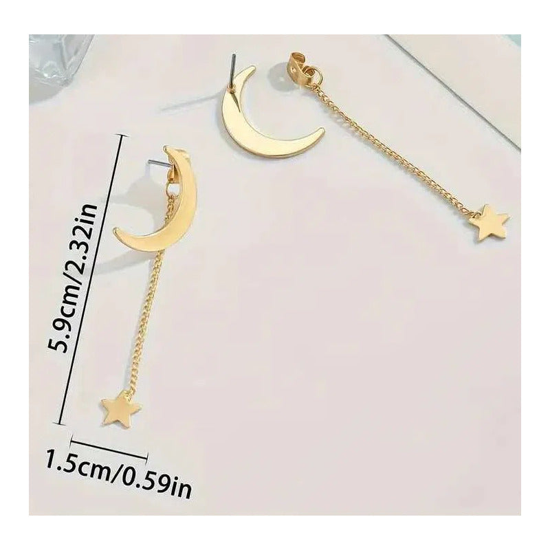 PENDIENTES ARETES STAR MOON CADENA LARGA DORADO OSCURO | STAR MOON EARRINGS LONG CHAIN DARK GOLD
