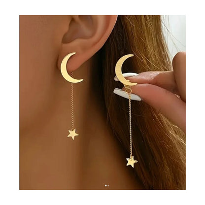PENDIENTES ARETES STAR MOON CADENA LARGA DORADO OSCURO | STAR MOON EARRINGS LONG CHAIN DARK GOLD

