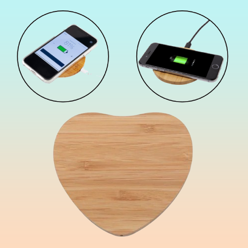 PX7000185 - CARGADOR INALAMBRICO CELULAR MADERA CORAZON - WIRELESS CELL PHONE CHARGER WOOD HEART | GIGAOUTLET GO
