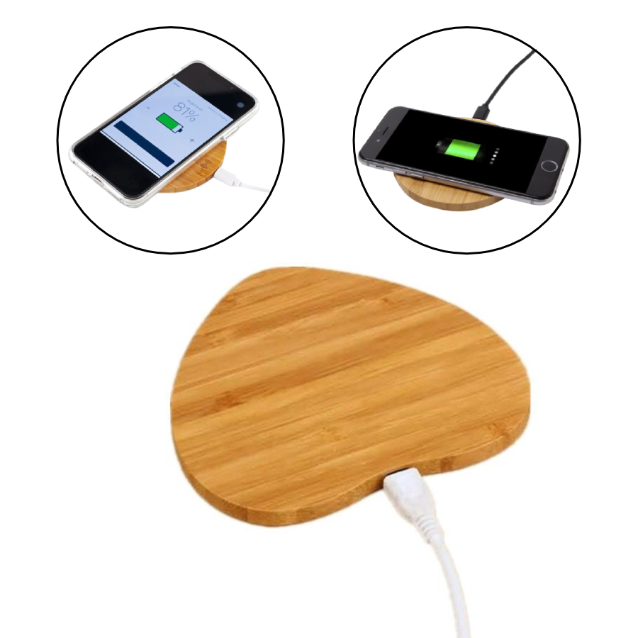 PX7000185 - CARGADOR INALAMBRICO CELULAR MADERA CORAZON - WIRELESS CELL PHONE CHARGER WOOD HEART | GIGAOUTLET GO