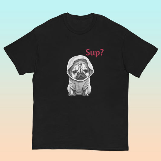 PX7000519 - CAMISETA UNISEX NEGRA IMPORTADA PERRO PUG "SUP?" -  UNISEX BLACK T-SHIRT "PUG SUP?" | GIGAOUTLET GO