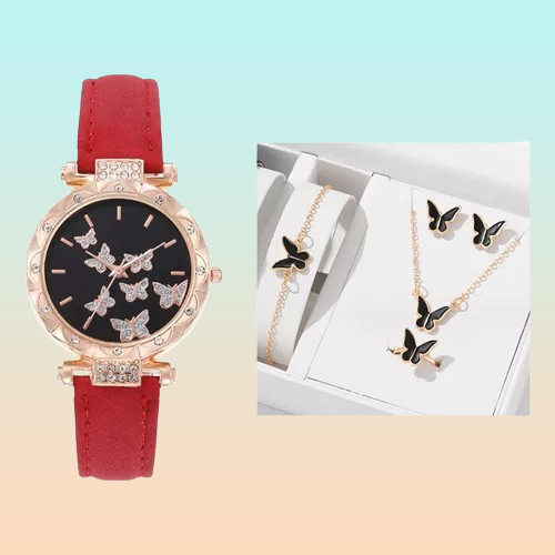 PX7000637 - SET 5 PIEZAS RELOJ COLLAR PULSERA ARETES ANILLO MARIPOSAS ROSADO Y NEGRO - SET 5 PIECES WATCH NECKLACE BRACELET EARRINGS RING BUTTERFLIES PINK & BLACK | GIGAOUTLET GO