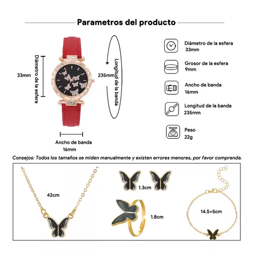 PX7000637 - SET 5 PIEZAS RELOJ COLLAR PULSERA ARETES ANILLO MARIPOSAS ROSADO Y NEGRO - SET 5 PIECES WATCH NECKLACE BRACELET EARRINGS RING BUTTERFLIES PINK & BLACK | GIGAOUTLET GO
