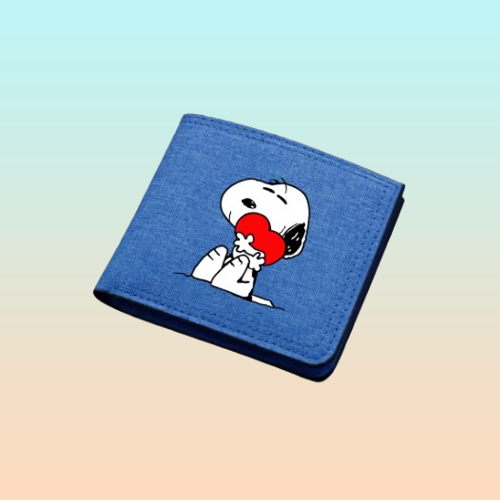 BILLETERA LONA AZUL SNOOPY CORAZÓN TARJETERO MONEDERO AZUL ACERO LISO