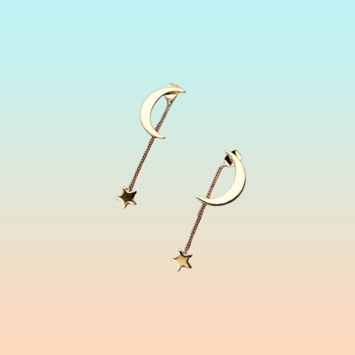 PENDIENTES ARETES STAR MOON CADENA LARGA DORADO OSCURO