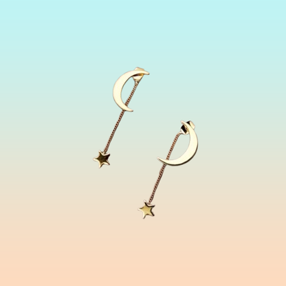PENDIENTES ARETES STAR MOON CADENA LARGA DORADO OSCURO
