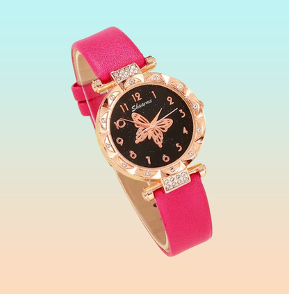 SET 4 PIEZAS RELOJ MUJER LUJO PULSERA ARETES COLLAR MARIPOSA ROSA CHICLE DORADO OSCURO NEGRO